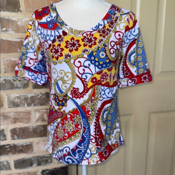 Talbots Red and Blue Paisley Tab Sleeve Top Cotton Stretch Sz S - Picture 4 of 13